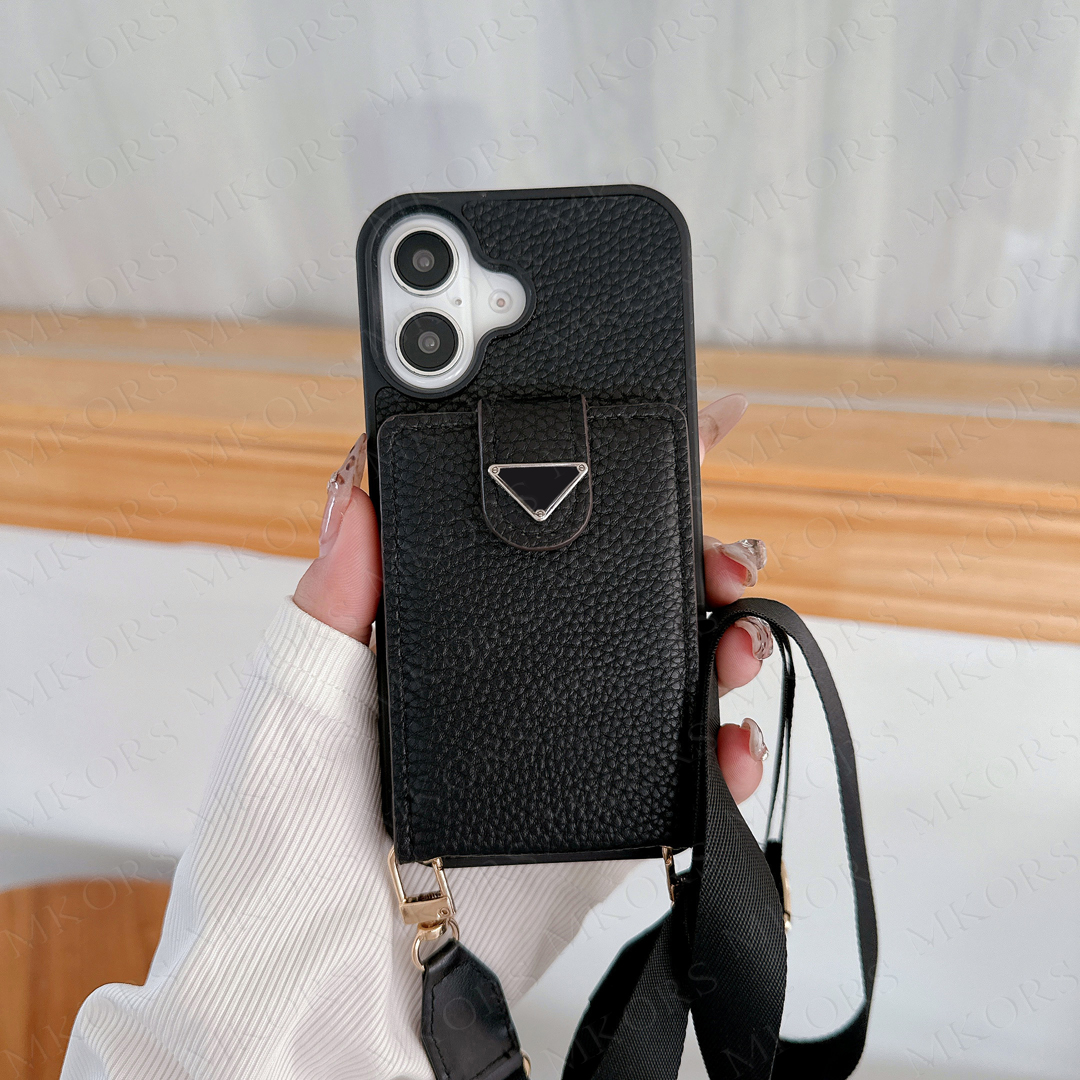 Designer Shoulder Bag Phone Case for iPhone 16 15 Pro Max 14 13 12 11 X Xs Xr 8 7 Plus Leather Folio Card Slot Pocket Detachable Neck String Strap Cov