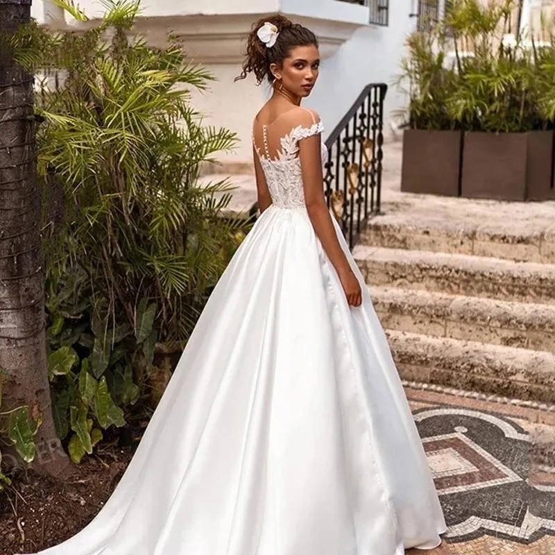 Elegant Satin A Line Wedding Dresses Sheer O Neck Lace Appliqued Boho Simple With Cap Sleeves Back Buttons Sweep Train Vestidos De NoviaYD