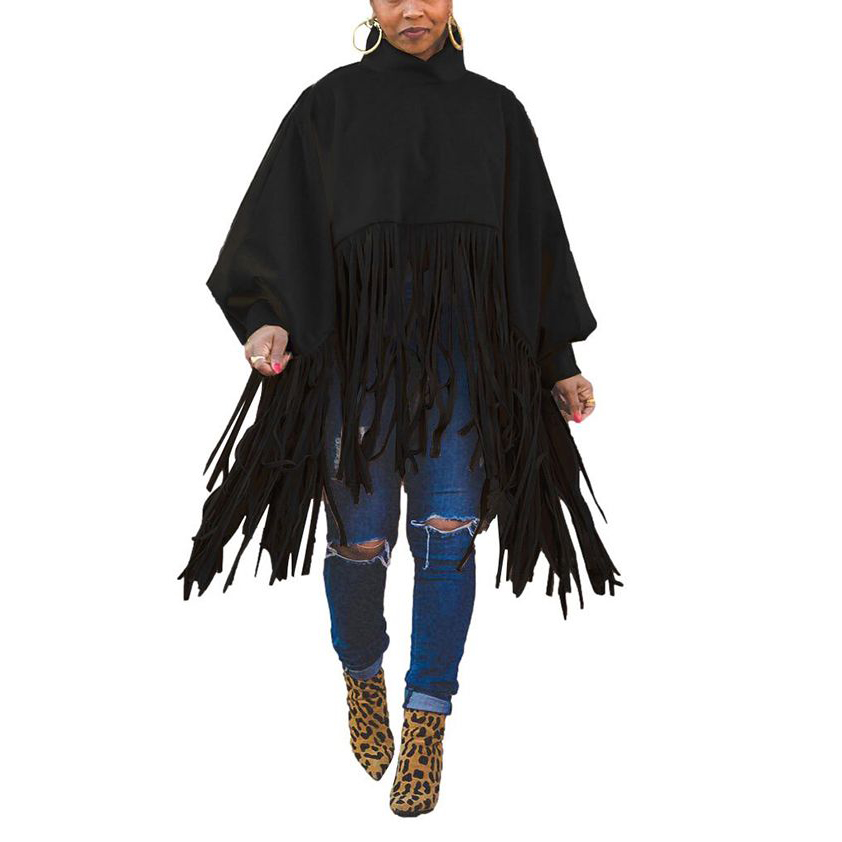 Women Pullover Shirts Fringe Sweatshirt Tops Loose Long Sleeve Blouses Mock Neck Tassel Shawl Wrap Jacket Streetwear Plus Size