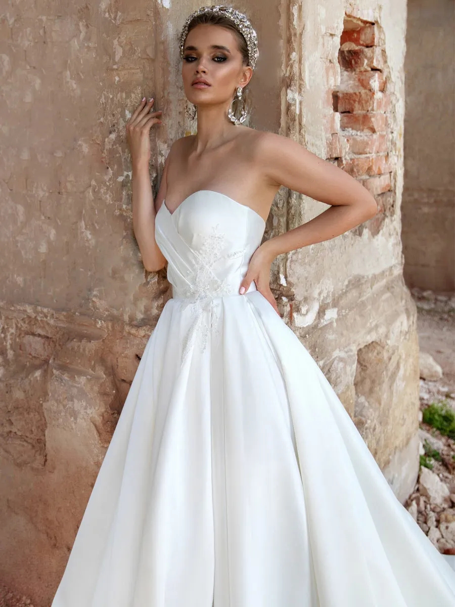Sweetheart Elegant Satin A Line Wedding Dresses Simple Ruched Boho Garden Bridal Gowns de Mariee YD