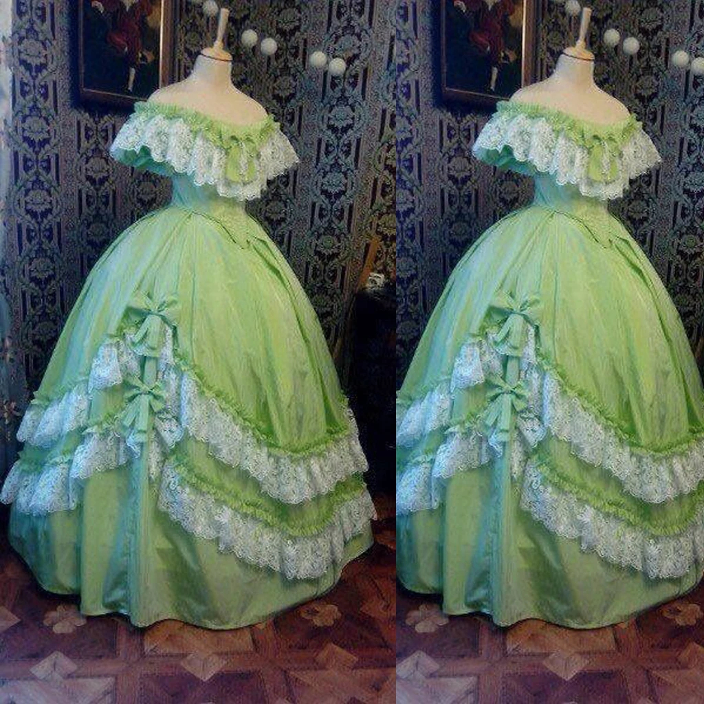 Light Green Ball Gown Historical Victorian Prom Dresses Civil War Medieval Princess Evening Dress Off The Shoulder Floor Length Elegant Vintage Gothic