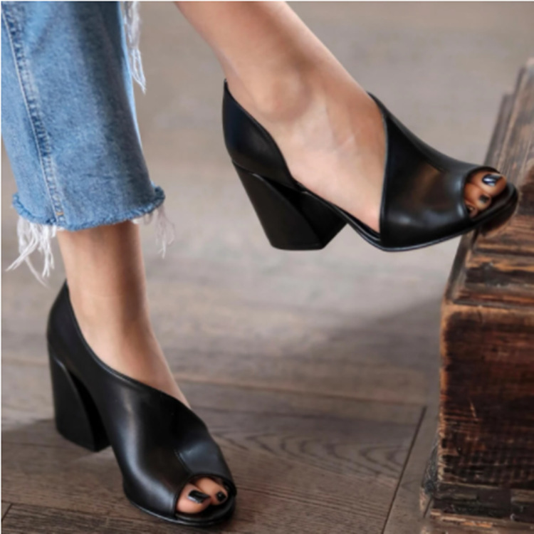 Large Slope and Fish Mouth Solid Color Splicing Coarse Heel Sandals Size36-42.