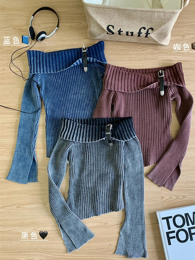 Fashion Simple Classical Knitted Sweater Slash Neck Off Shoulder Long Sleeve Pullovers Flare Sleeve Autumn Winter Y2K Streetwear 240409