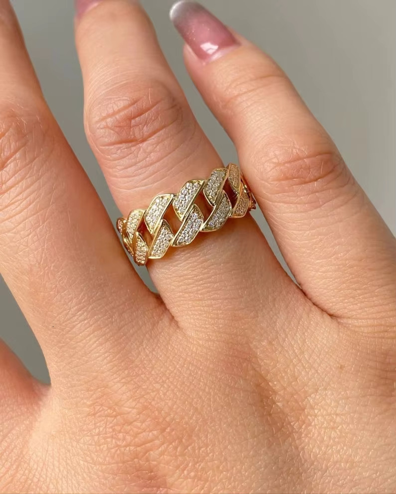 Real Diamond Hip Hop Cuban Curb Chain Ring Full Eternity 14k 18k Gold Trendy Mens for Wedding Anniversary Style Rings Oem