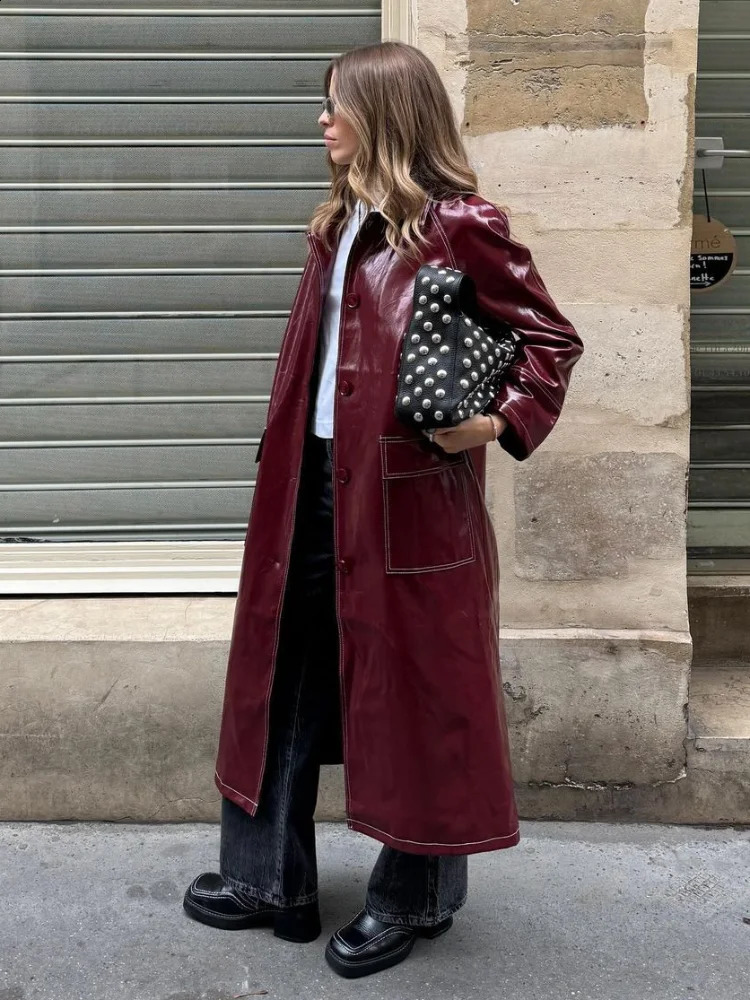 Burgundy Color Stitching Glossy Lacquer Leather Overcoat Fashion Pocket Lapel Oversize Jacket 2024 Lady Streetwear 241118