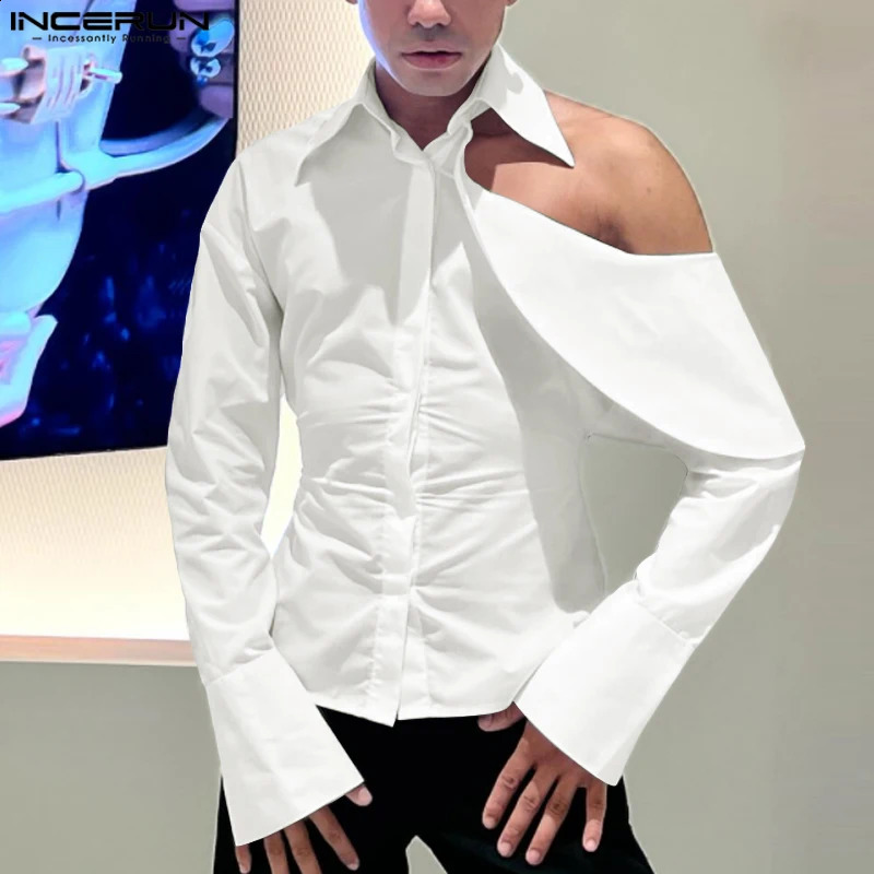 Mens Solid Color Collar Long Sleeve Hollow Street Clothing Mens Clothing Ruffle Fashion Casual Camisas S-5XL INCERUN 241115