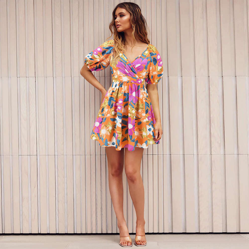 Women's 2024 Summer New V-neck Printed Beach Skirt Lantern Sleeves Short Dress F41843