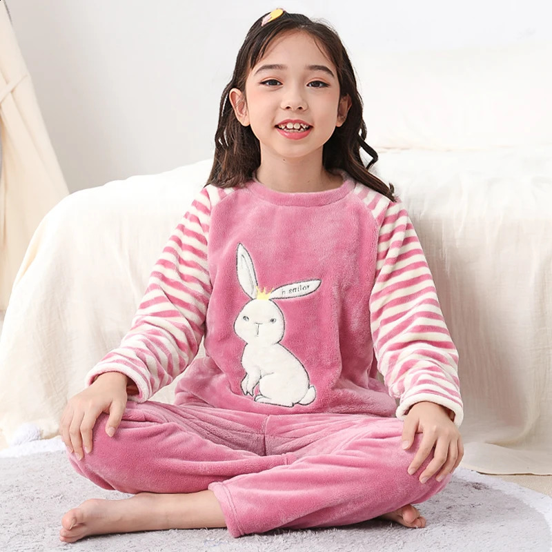 Winter childrens plush pajamas warm flannel youth pajamas boys and girls casual wear coral fleece childrens pajamas 241118