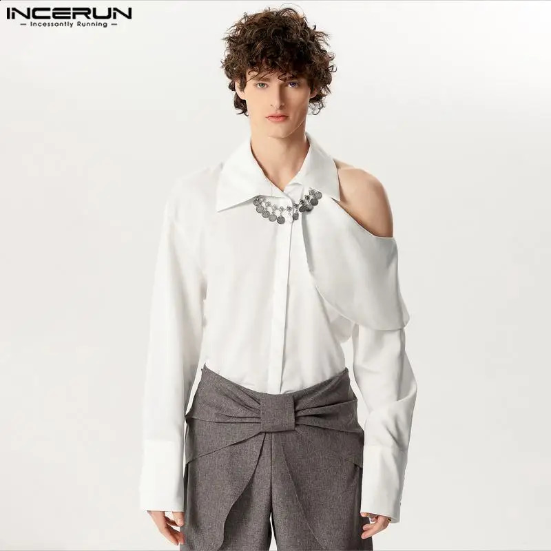 Mens Solid Color Collar Long Sleeve Hollow Street Clothing Mens Clothing Ruffle Fashion Casual Camisas S-5XL INCERUN 241115