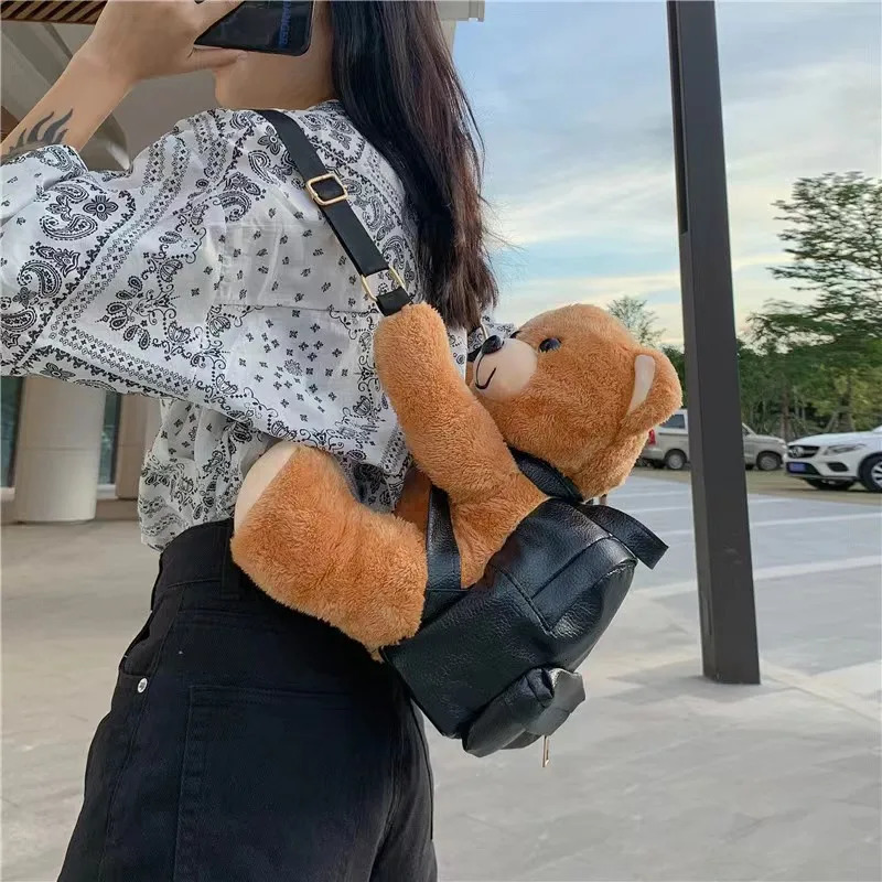 3045cm Lovely Teddy Bear Plush Backpack Cute Motorcycle Stuffed Animal Soft Toy Bag Fashion Girls Woman 240407