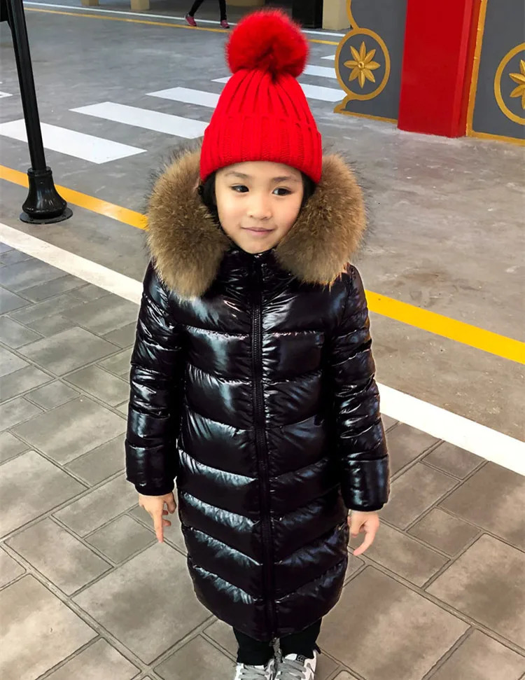 85150 Cm Girls Boys Winter Shinning Long Down Baby Kids Children Thick Warm Real Fur Hooded Coat Outer Wear 241118