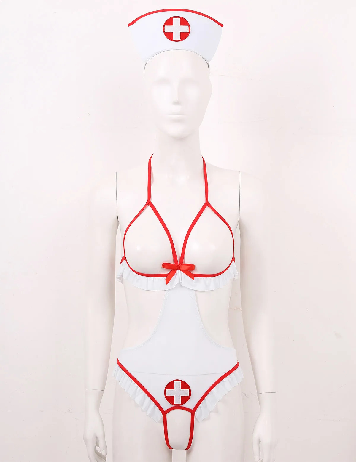 Womens Fantasy Sexy Nurse Cosplay Roleplay Lingerie Set Halter Neck Open Cups Crotchless Tie-on Leotard Bodysuit with Headband 241118