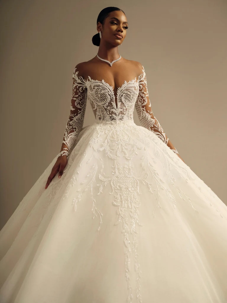 Stunning Beading Pearls Appliques Sheer Tulle Sweetheart A-e Wedding Dress Delicate Lace Bridal Gowns Adroned With Full Sleeves