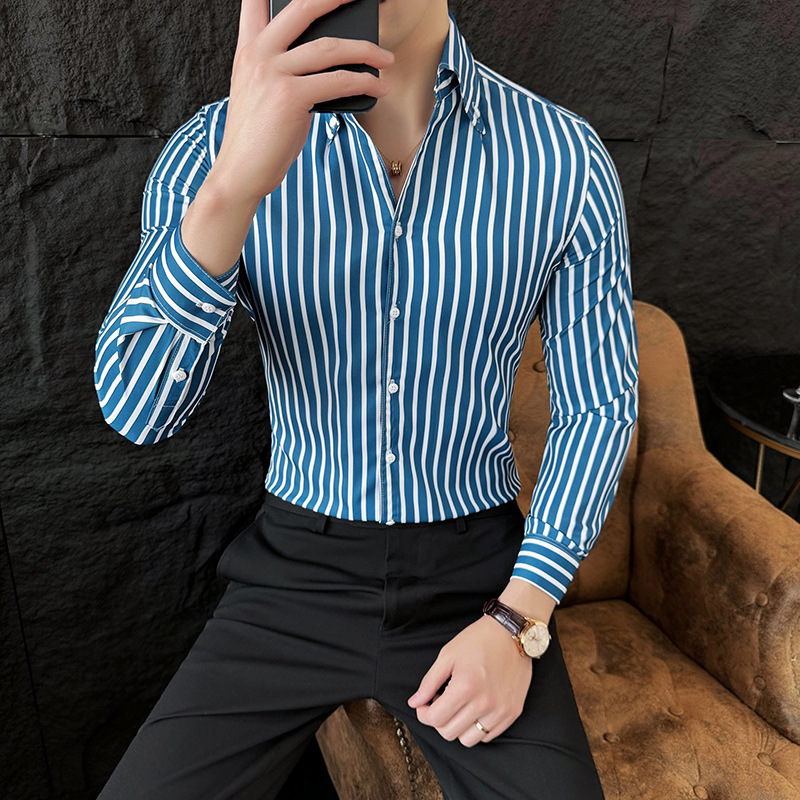 Men's Casual Shirts Luxury Gold Striped Shirt Men Long Sleeve Slim Top Quality British Business Formal Dress Camisa Social Masculina