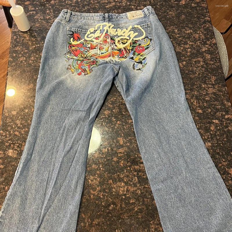 Women's Jeans Streetwear Y2K Hip Hop Graphic Print Retro Blue Baggy Womens Fashion Casual High Waisted Wide Leg Trousers