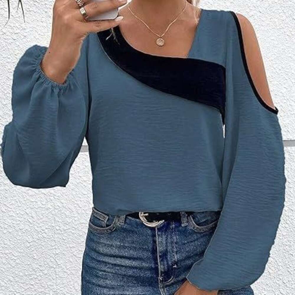 2024 Shirt Off Shoulder Patchwork Long Sleeved Fashionable Loose Fitting Women's Top F41829