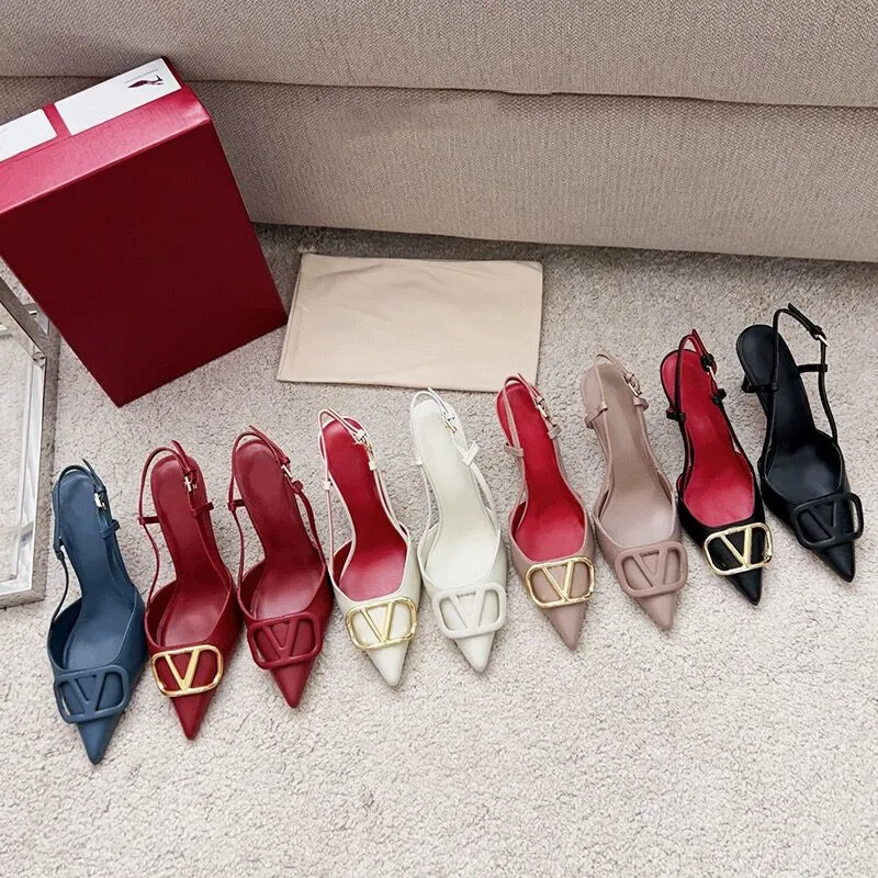 Designer brand sandals, women shoes, summer luxury classic metal V-shaped buckle, silver gold black genuine leather women's high heels shoes 35-44
