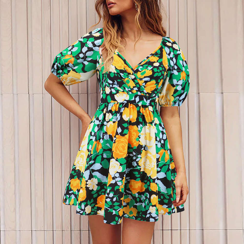 Women's 2024 Summer New V-neck Printed Beach Skirt Lantern Sleeves Short Dress F41843