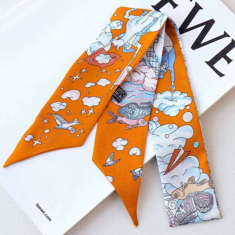 New Cloud Double layered Twill Small Thin Narrow Scarf Versatile Silk Ribbon Long Strip