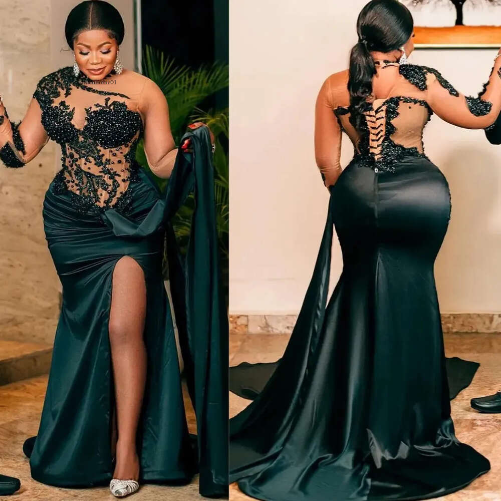 Plus Size Prom For Black Women Illusion Evening Dresses Elegant Long Sleeves Neck Appliqued Beaded Lace High Split Formal Gowns Birthday Gown