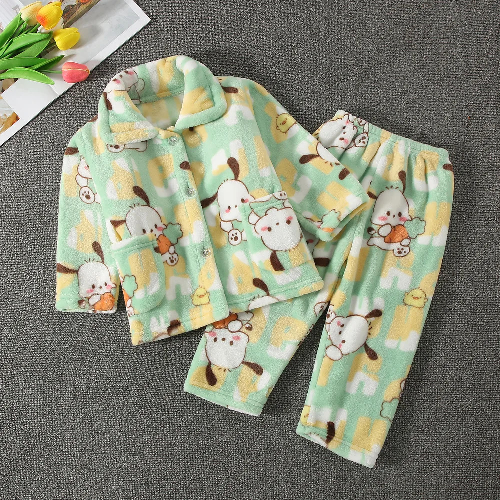 childrens boys and girls autumn and winter flannel pajamas set cartoon print long sleeved lapel top with pants pajama set 241118