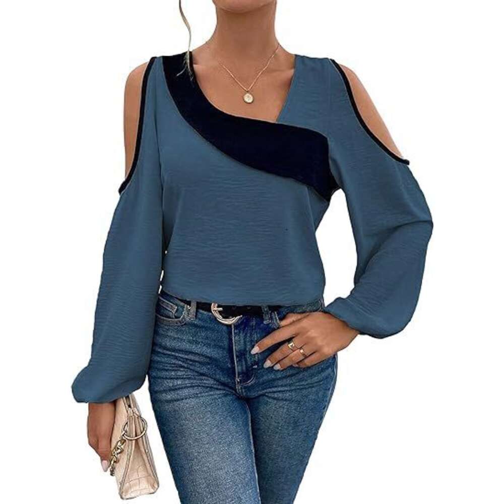 2024 Shirt Off Shoulder Patchwork Long Sleeved Fashionable Loose Fitting Women's Top F41829
