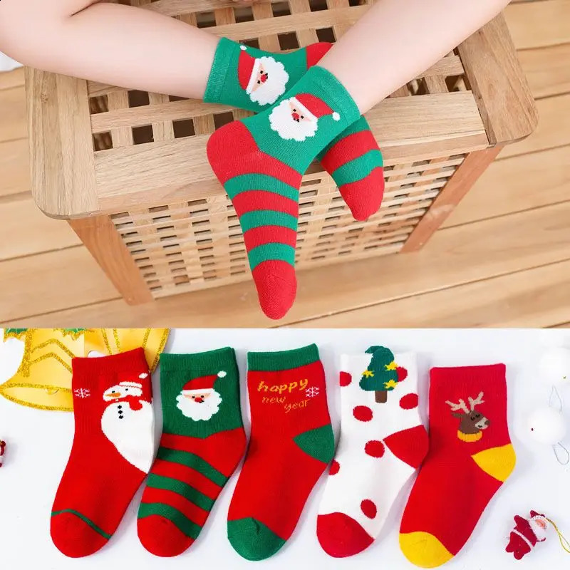 5 autumn and winter baby cotton socks for girls and boys aged 1-12 Christmas socks 241118