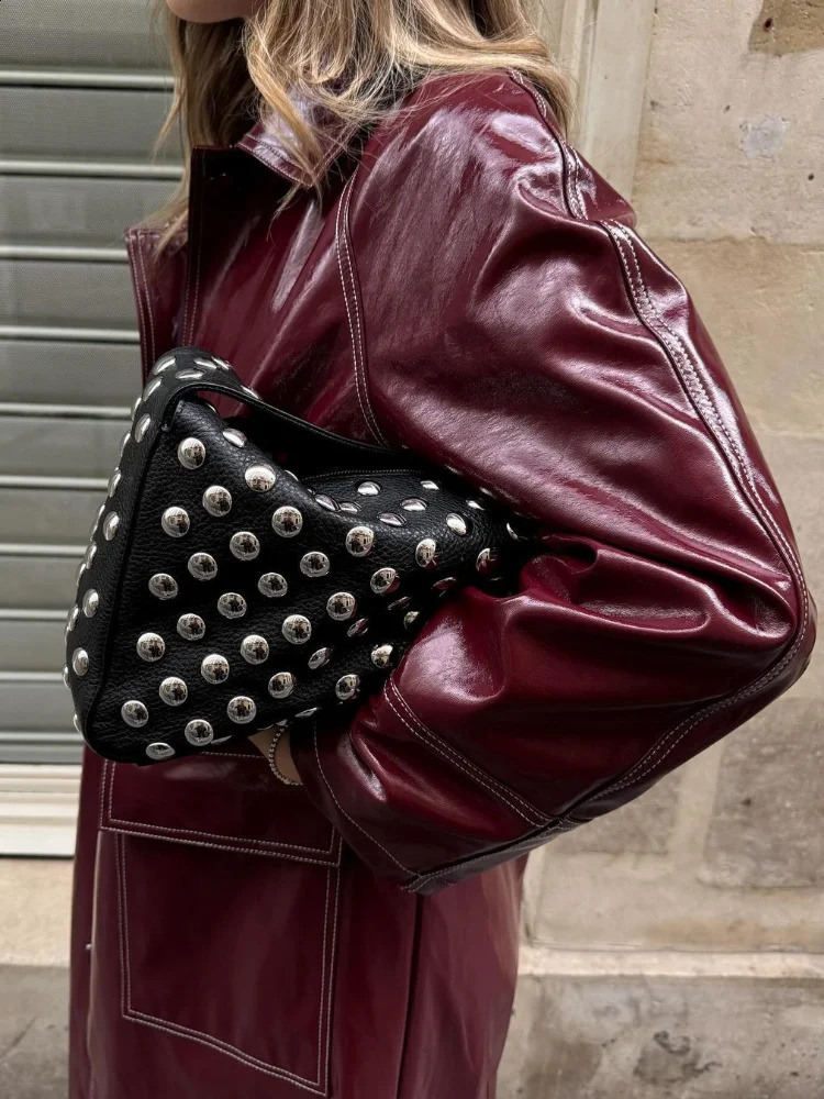 Burgundy Color Stitching Glossy Lacquer Leather Overcoat Fashion Pocket Lapel Oversize Jacket 2024 Lady Streetwear 241118