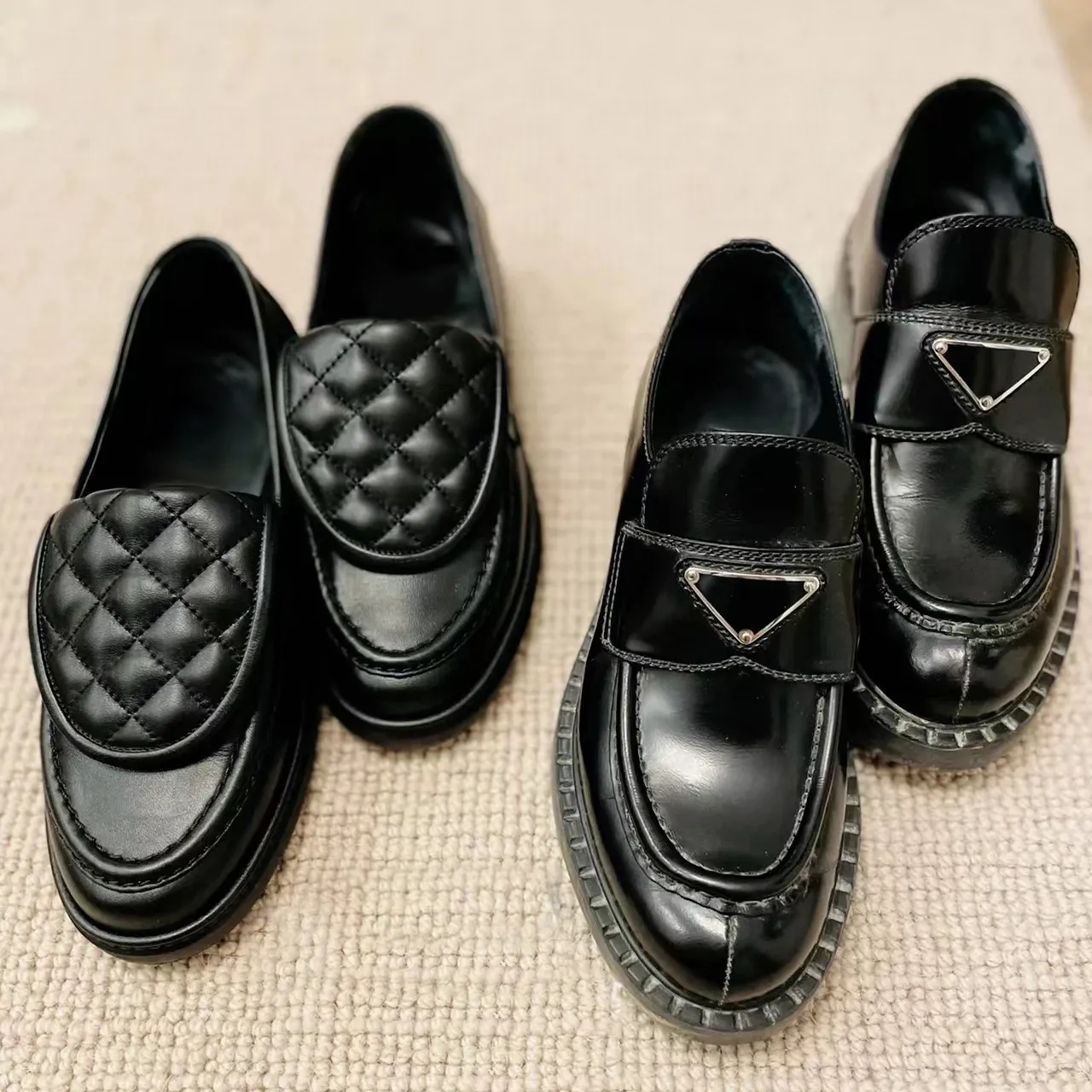 Designer Loafers Overall Brushed Leather Women's Loafers Formal Shoes Casual Shoes Triangular Patent Leather Oxford Thick Sneakers Matte Lug Sole with Dust Bag 35-42