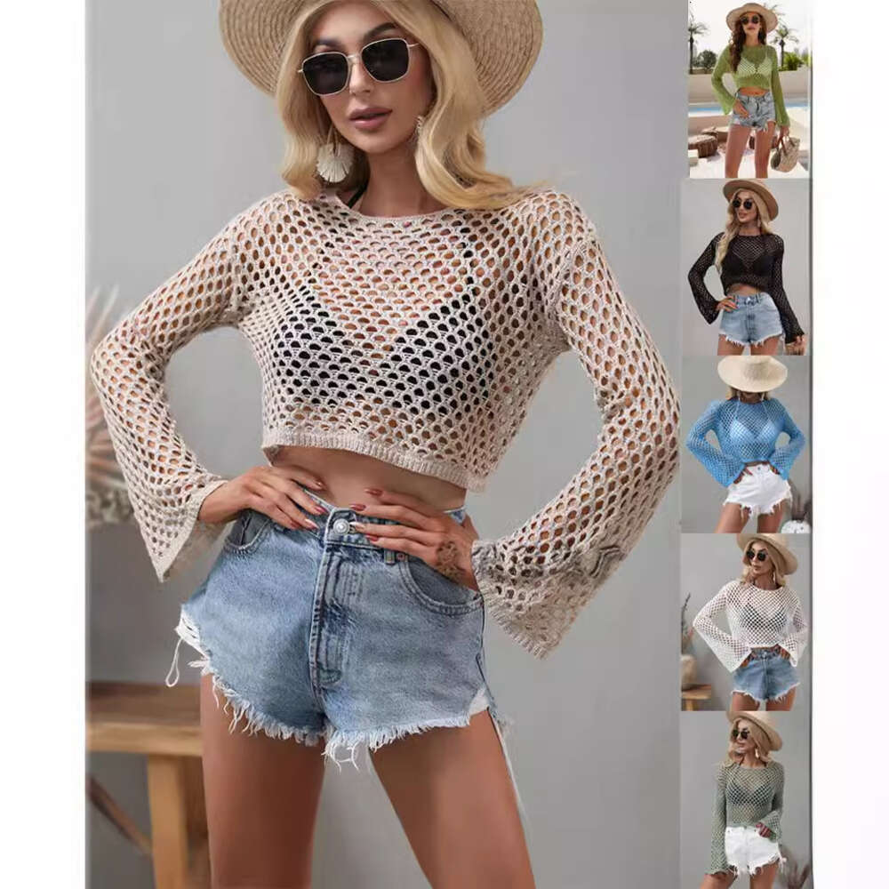 2023 Spring/summer New Knitwear Flare Sleeves Loose Round Neck Hollow Out Sweater for Women F41836