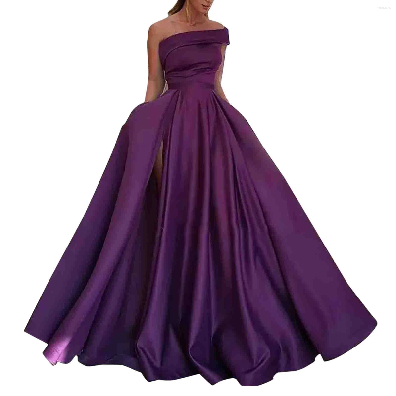 Casual Dresses Sexy Strapless Satin Evening Dress For Women Luxury And Elegant One-shoulder Birthday Party Puffy High Slits Wedding