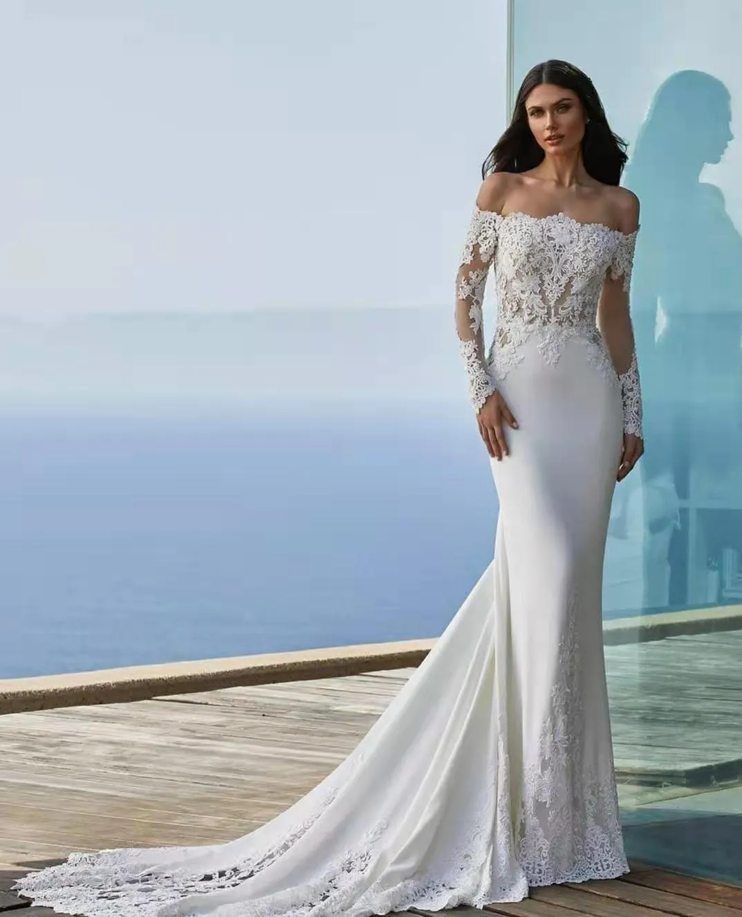 2024 Modern Off The Shoulder Mermaid Wedding Dresses Long Sleeve Lace Appliqued Beach Boho BridalTrain Vestidos YD