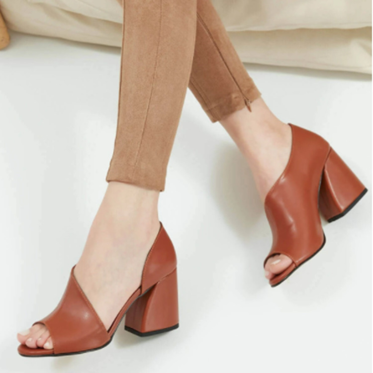 Large Slope and Fish Mouth Solid Color Splicing Coarse Heel Sandals Size36-42.