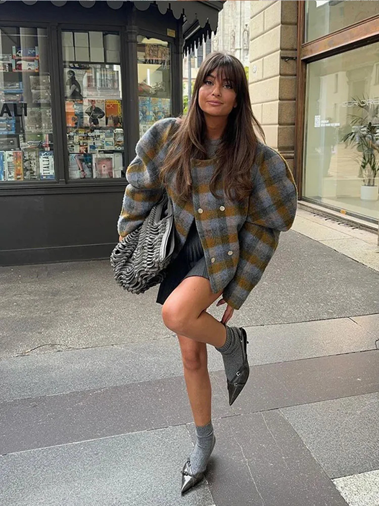 Womens Fashion Plaid Double Chest Slimming Jacket Round Neck Puff Long Sleeve Wool Coat 2024 Autumn Womens High Street Coat 241118