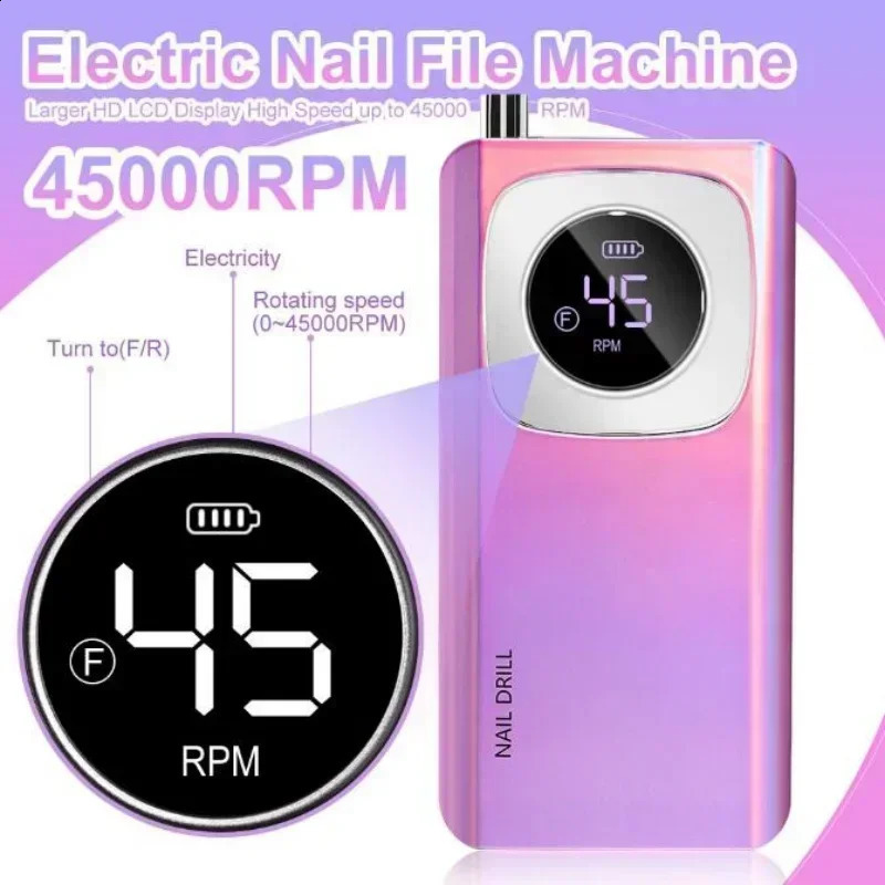 Original 45000RPM Professional Rechargeable Electric Nail Drill Machine Portable Cordless Nail File For Acrylic Gel Nails Remove 241118