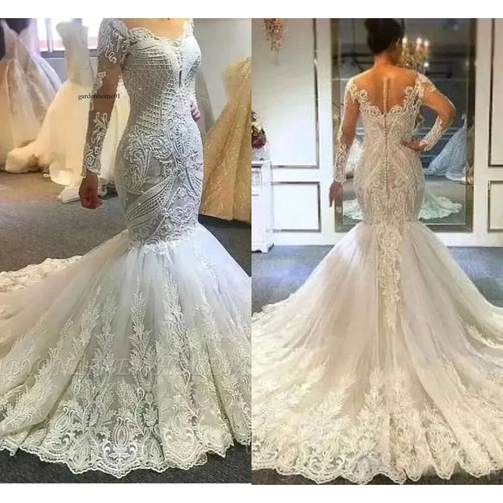 Lace Uious Mermaid Wedding Dresses Beads Sequins Elegant Off Shoulder Sheer Long Sleeves Appliques Bridal Gowns With Button Covered Back Bc