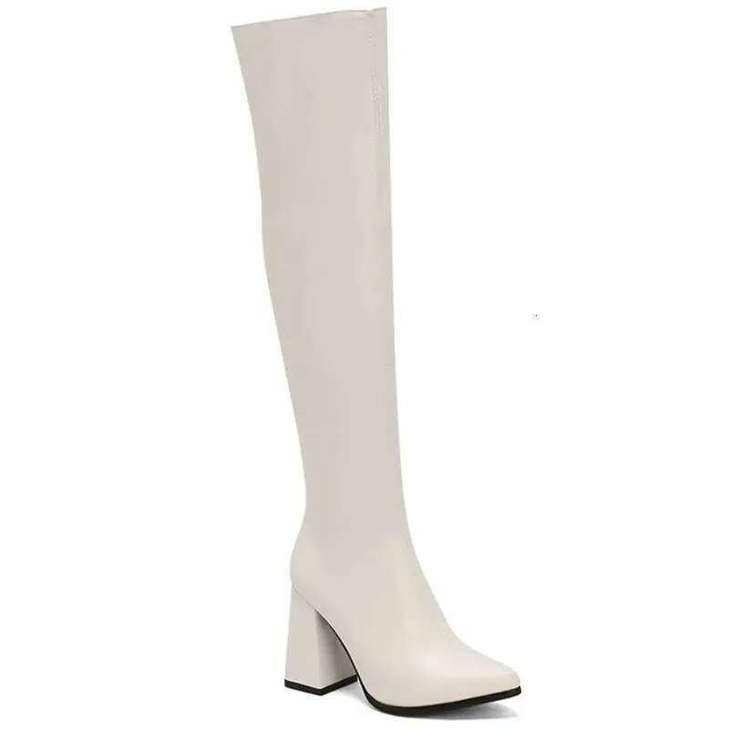 Thigh Boots Women Winter Fashion Black White Over the Knee High Boot Ladies Block Heels Zipper Party Shoes Large Size 39e4