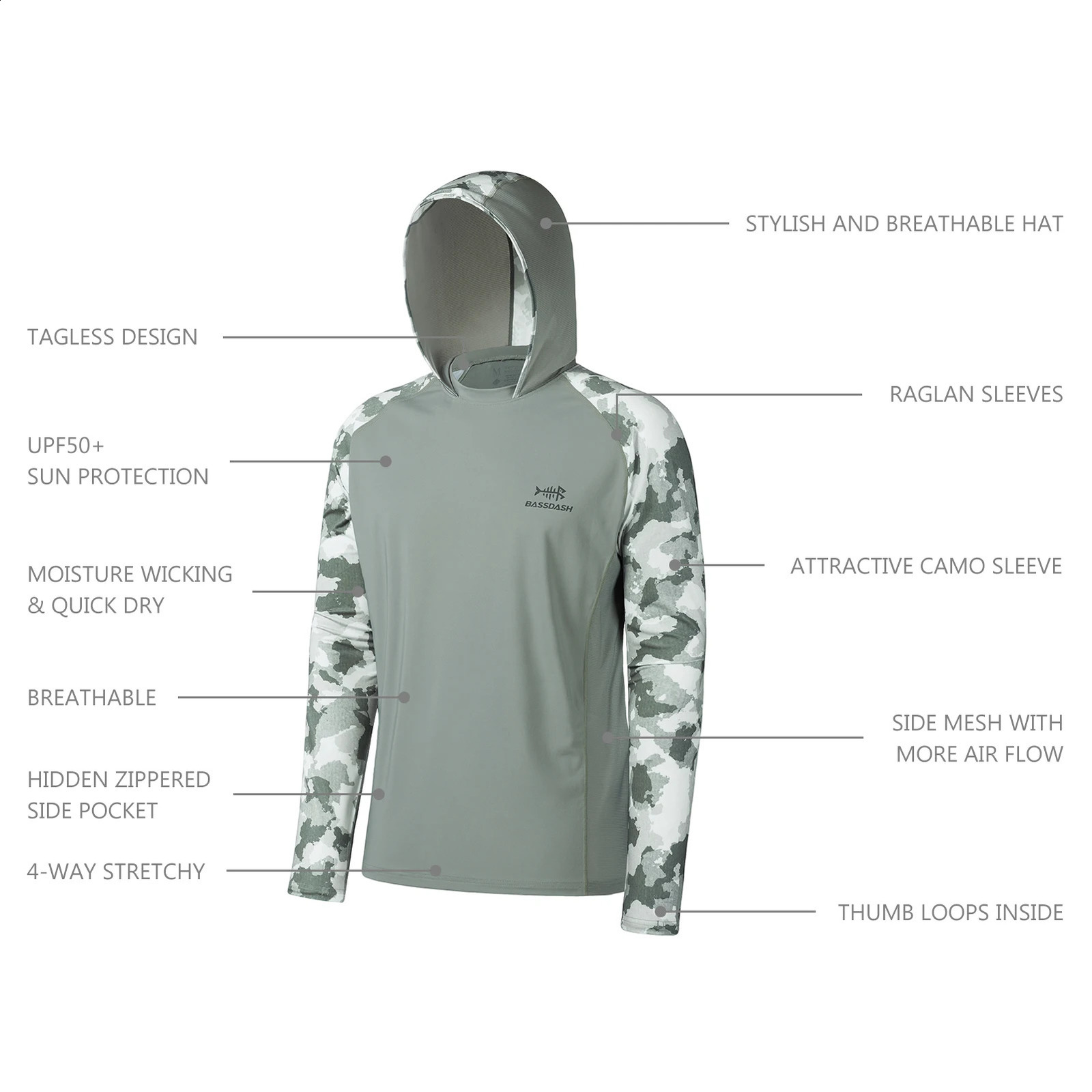 Bassdash Mens UPF 50 Performance Fishing Shirt Cooling Hoodie Camo Long Sleeve FS17M 241116