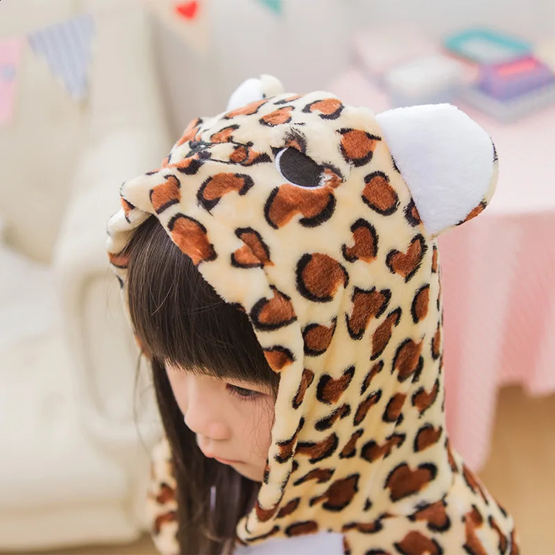 Winter flannel soft warm leopard Kigurumi pajamas hooded animal cartoon boy pajamas Onesie pajamas girls childrens pajamas 241118