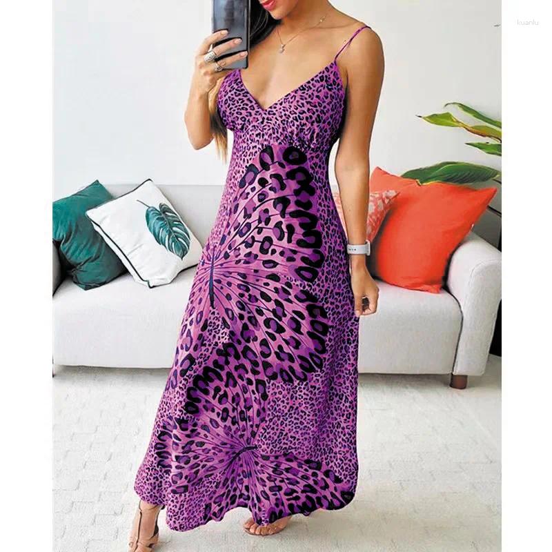 Casual Dresses Y2K INS Sexy Strap Sleeveless V Neck High Waist Vacation Dress Elegant Leopard Butterfly Print Bohemian For Women