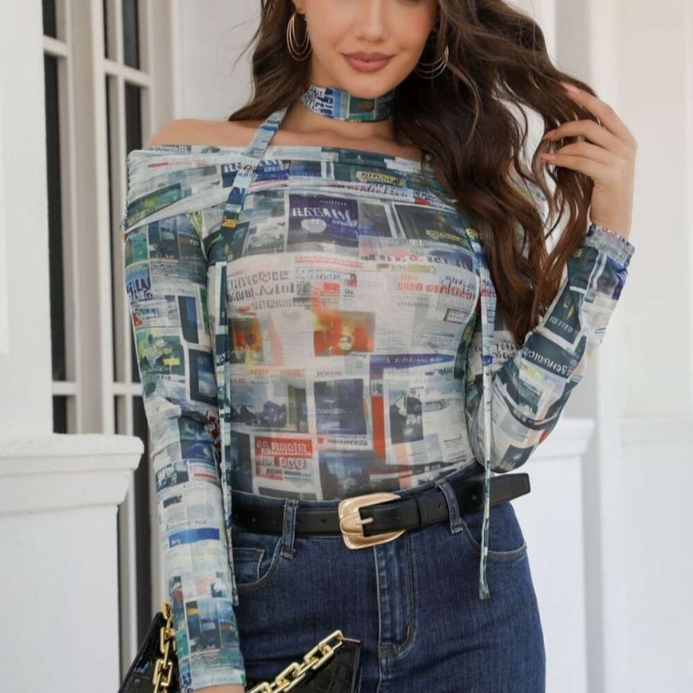 Spicy Girl Style Tie Up One Shoulder Long Sleeved Slim Fitting Sexy Newspaper Print Top for Women's 2024 Spring and Autumn New T-shirt F41830