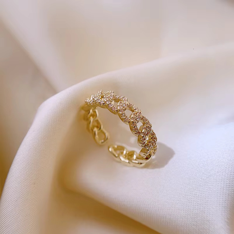 Waterproof Non Tarnish Jewelry 18k Gold Plated Zircon Chunky Cuban Chain Finger Open Ring Pave Diamond Adjustable