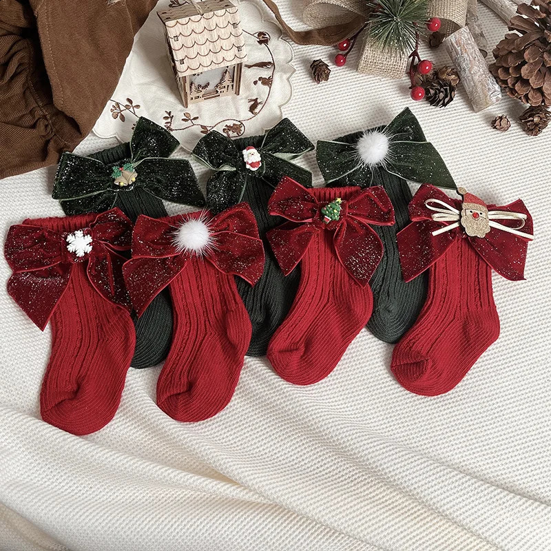 0-5 year winter girls Christmas socks soft cotton childrens red wool knee high socks born gift socks 241118