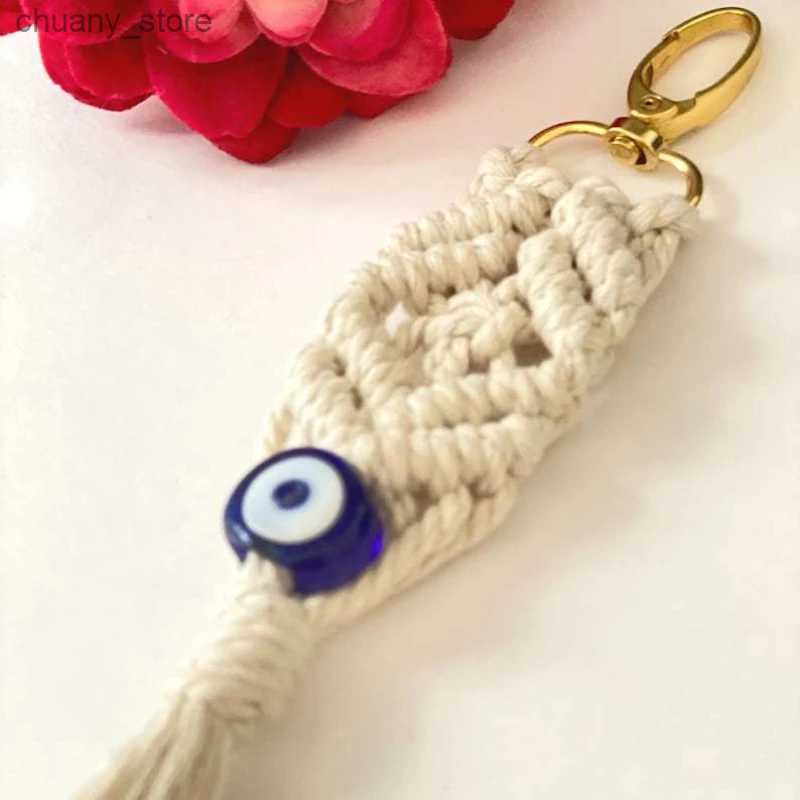 Keychains Lanyards Bohemian handmade Macrame tassel hanging decoration Trkiye Evil Eye and blue glass eye key chain used for home and car decoration Y