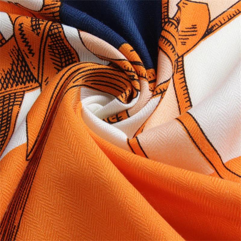 Scarves POBING Silk Cashmere Scarf Women Hand Rolled Saddle Belt Print Square Wraps Bandana Big Hijabs Female Foulard 135CM