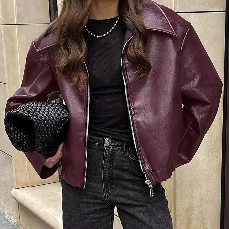 Womens Leather Y2K Wine Red Lapel Zipper Motorcycle Jacket For Women Autumn Vintage Long Sleeve Bomber Biker Female Street Coats
