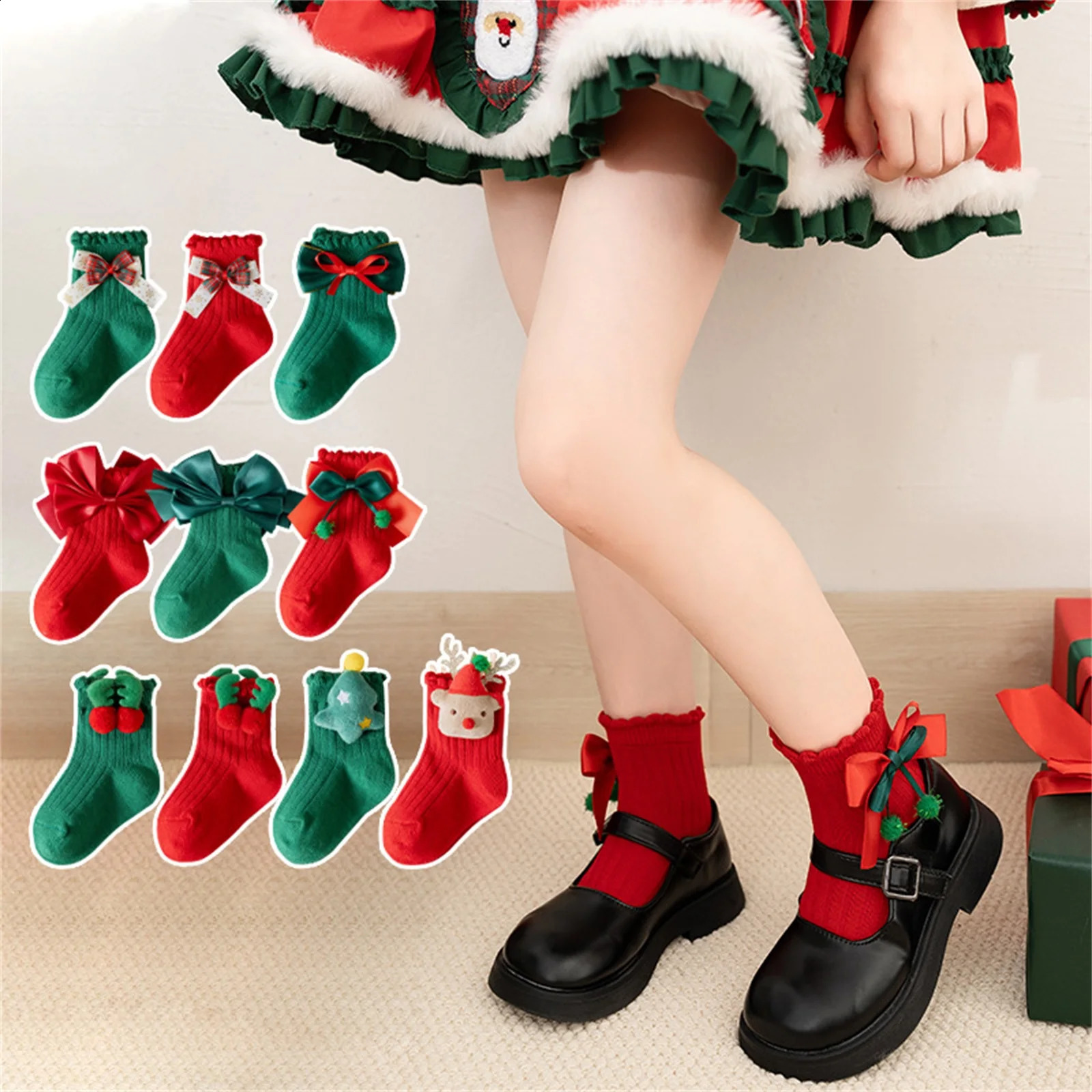 FOCUSNORM 0-12Y Christmas Children and Girls Ankle Socks 5 pairs/set Cute Christmas Plush Balls/Deer Rib Floor Socks 241118