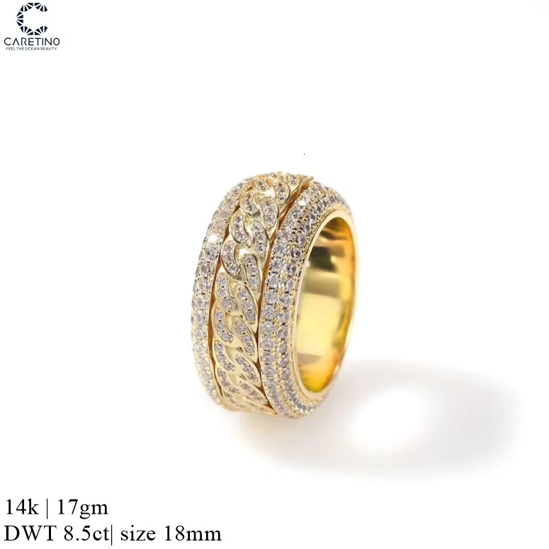 Zircon Diamond Rings Gold Bling Hip Hop Iced Out Finger Ring Cuban Link Chain 11mm Exaggerated Band for Women Men