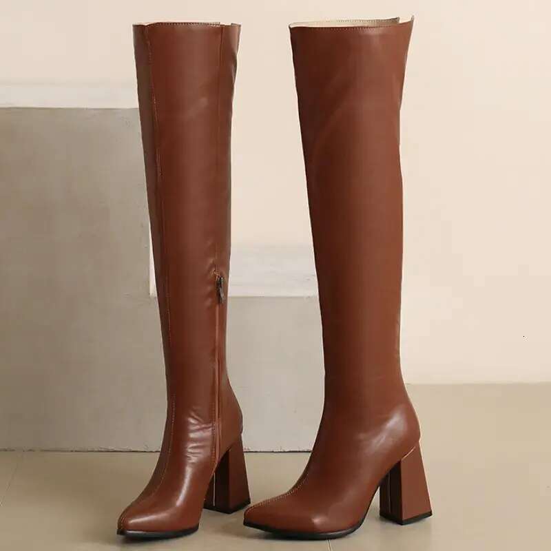 Thigh Boots Women Winter Fashion Black White Over the Knee High Boot Ladies Block Heels Zipper Party Shoes Large Size 39e4