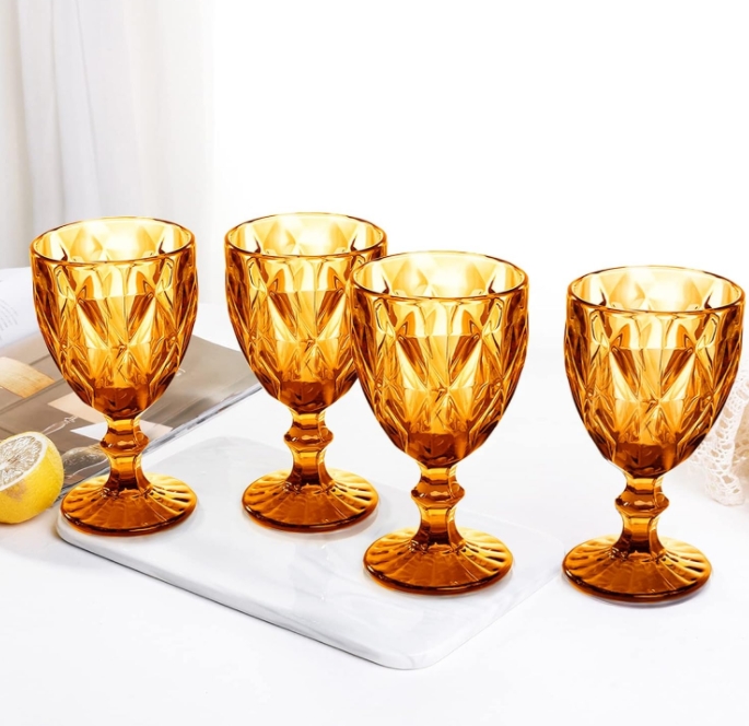 Amber Wine Vintage Drinking Glasses Colored Glassware Water Goblets Bulk Pretty Cups 1011